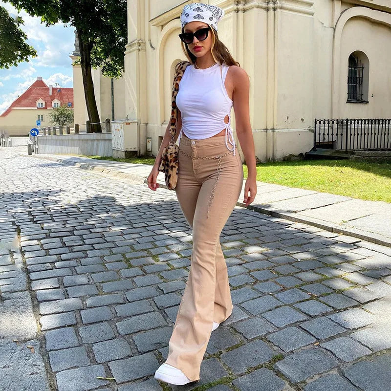 Woman High Waist Flared Jeans Vintage Khaki Y2K Denim Pants Streetwear Harajuku Stretch Capris Female Fashion Joggers Trousers